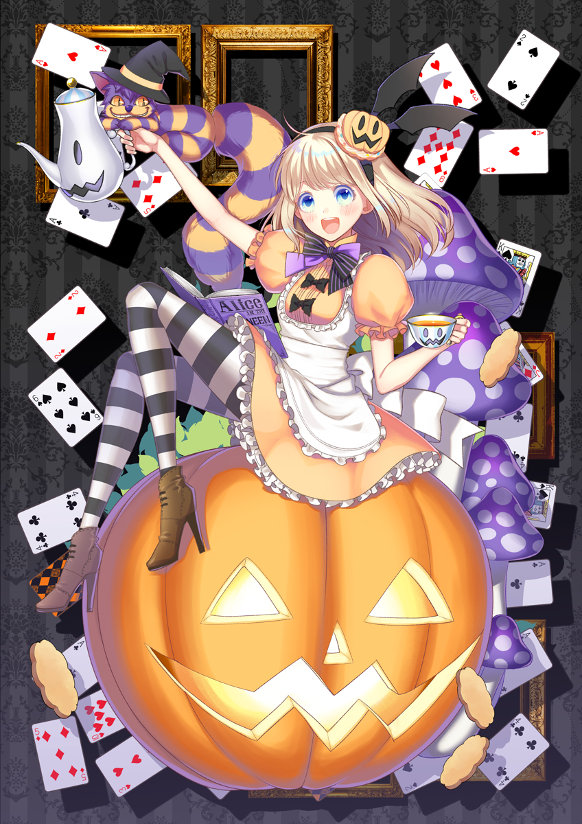 :d alice_(wonderland) alice_in_wonderland apron black_background blonde_hair blue_eyes blush book brown_footwear card cat cheshire_cat cookie cup dress eyebrows_visible_through_hair food frilled_apron frills grin hairband halloween hat high_heels highres holding jack-o'-lantern kanno_sayu long_hair looking_at_viewer lying mushroom on_stomach open_book open_mouth orange_dress orange_sclera original outstretched_arm picture_frame playing_card puffy_short_sleeves puffy_sleeves short_sleeves silhouette sitting slit_pupils smile striped striped_background striped_legwear striped_neckwear teacup teapot vertical-striped_background vertical_stripes waist_apron white_apron witch_hat