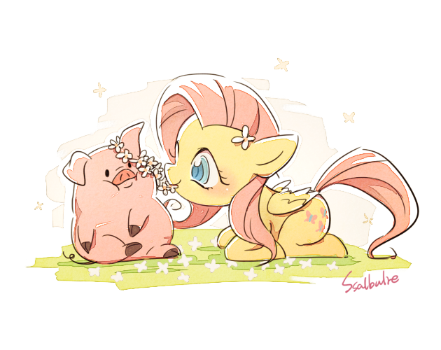 2014 blue_eyes blush crossover cub cute cutie_mark disney duo equine eyelashes feathered_wings feathers female flower flower_in_hair flower_necklace fluttershy_(mlp) friendship_is_magic grass gravity_falls hair male mammal my_little_pony nude outside pegasus pig pink_hair plant porcine signature simple_background sitting smile ssalbulre teal_eyes text waddles white_background wings young