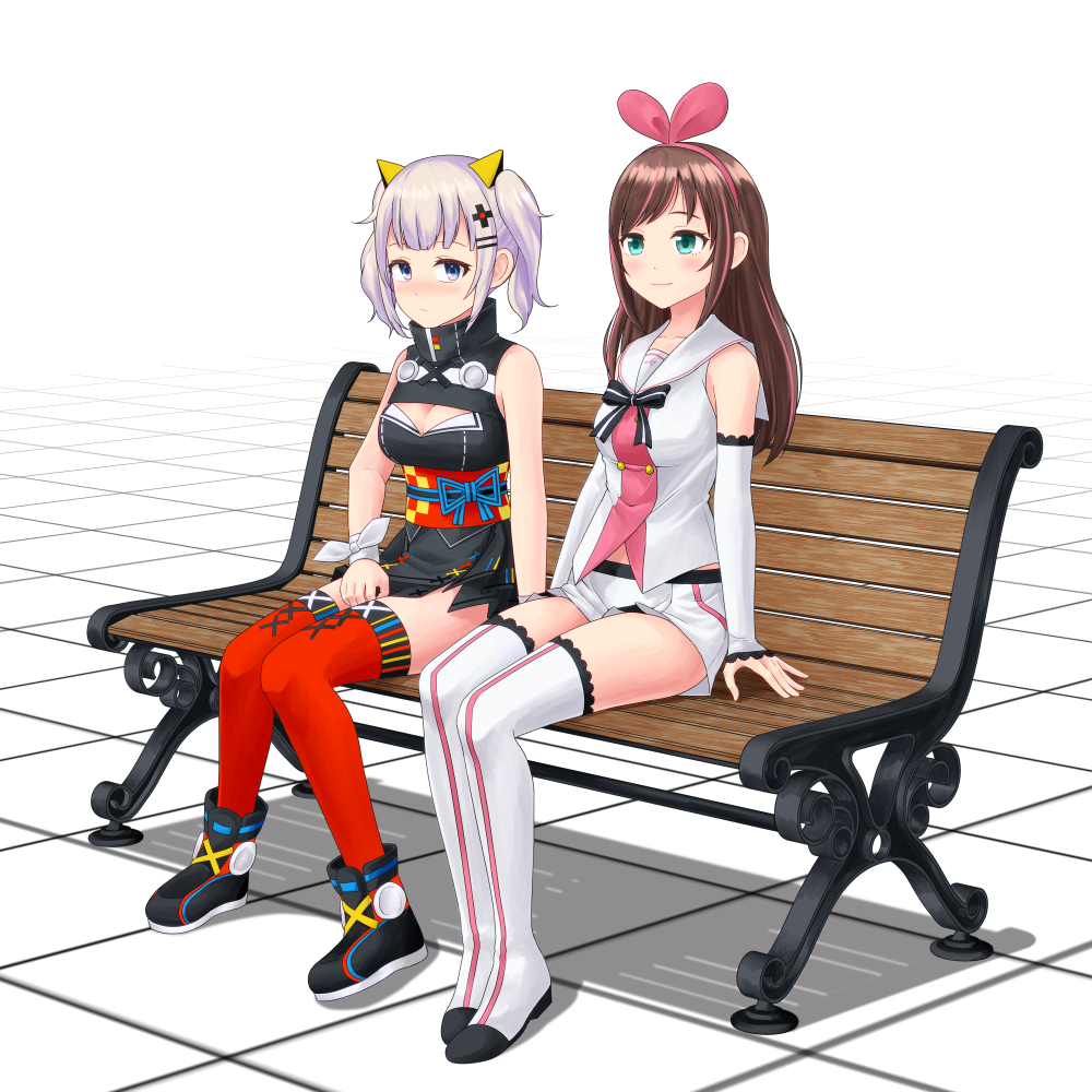 a.i._channel aqua_eyes arm_warmers bare_shoulders bench blush breasts brown_hair chiyoko_yama cleavage cleavage_cutout commentary_request dress full_body hair_ornament hairband half-closed_eyes holding_hands idol kaguya_luna kaguya_luna_(character) kizuna_ai looking_at_viewer medium_breasts multiple_girls obi sailor_collar sash shiny shiny_hair shirt short_shorts shorts silver_hair sitting sleeveless sleeveless_dress sleeveless_shirt smile thighhighs twintails virtual_youtuber yuri zettai_ryouiki