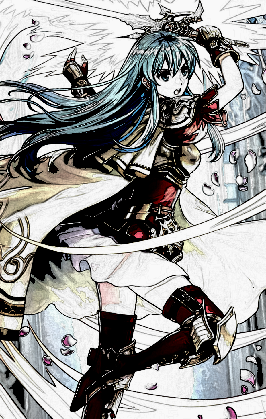 armor blue_eyes blue_hair boots breastplate cape eirika fire_emblem fire_emblem:_seima_no_kouseki gloves high_heels highres holding holding_sword holding_weapon long_hair pauldrons skirt solo sword thigh_boots thighhighs third-party_edit weapon zettai_ryouiki