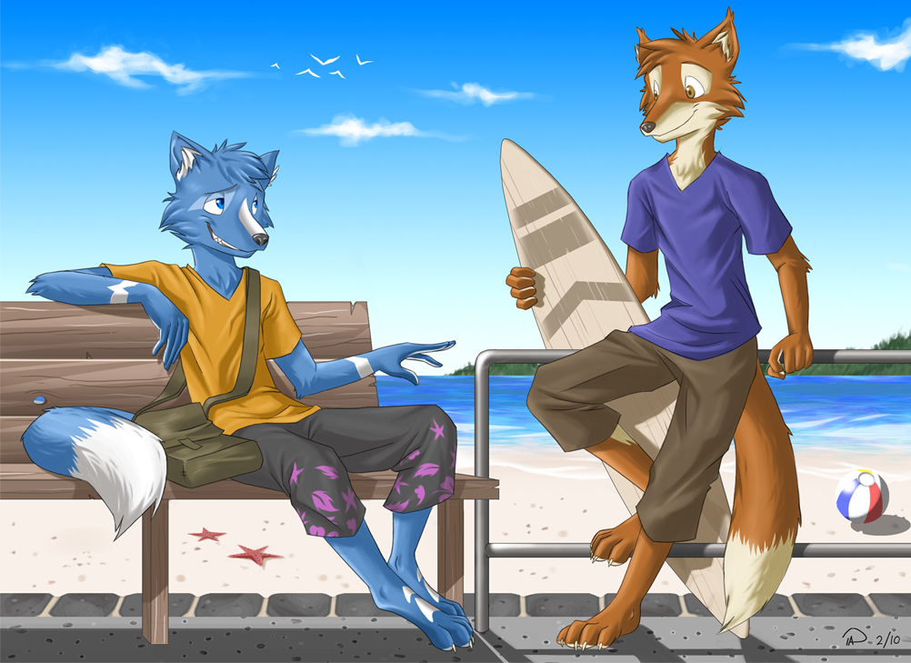 2012 anthro barefoot black_nose blue_eyes blue_fur blue_hair brow_fur canine day digital_media_(artwork) duo fox fur hair male mammal outside pelboy sky smile