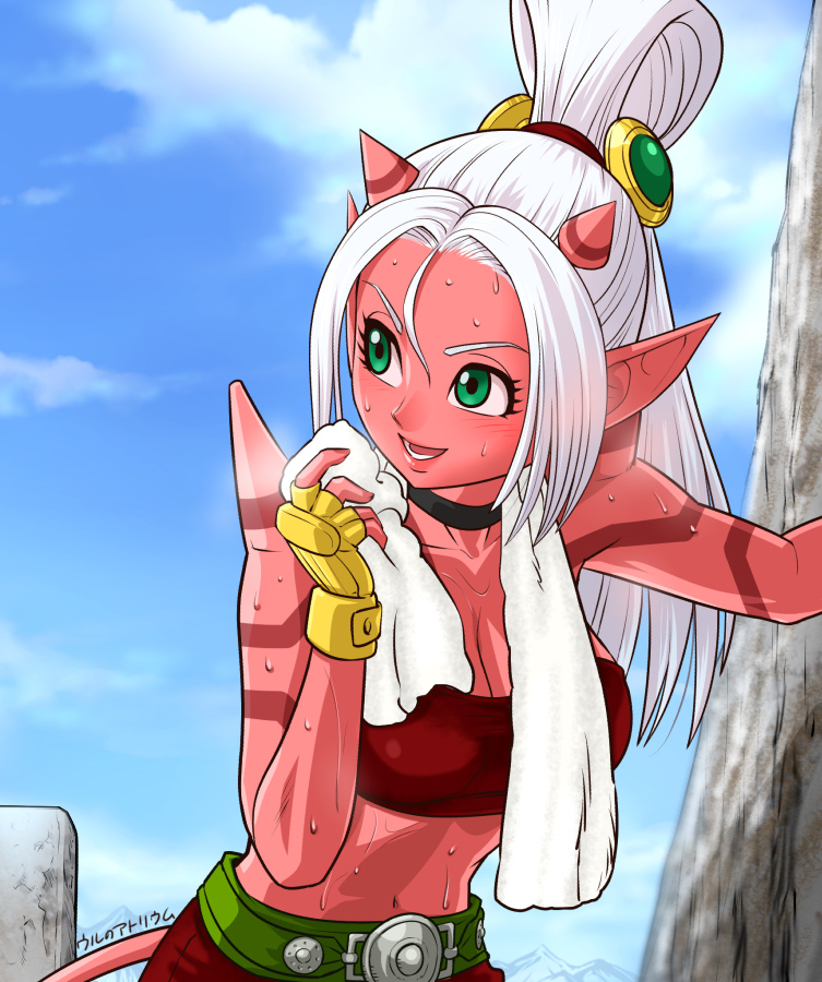 :d belt breasts choker cleavage dragon_quest dragon_quest_x fingerless_gloves gloves green_eyes hair_ornament high_ponytail horns large_breasts leaning_forward long_hair looking_at_viewer maiyu_(dq10) midriff ogre_(dq10) open_mouth pointy_ears smile solo spikes sweat tail tattoo towel towel_around_neck ur_(wulfa) white_hair