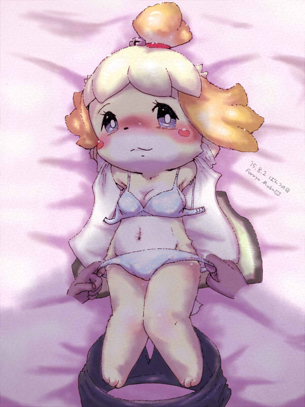 2015 ambiguous_gender animal_crossing bell blonde_hair blue_scera blush bra breasts clothing dakimakura_design dated disembodied_hand fallinnight feet female full_body hair isabelle_(animal_crossing) looking_at_viewer lying medium_breasts navel nintendo oanties on_back pink_background raised_arm shirt shirt_hair signature simple_background skirt smile solo text underwear undressing video_games white_eyes