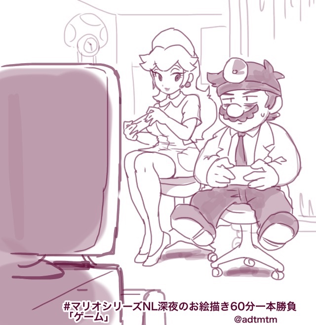 1boy 1girl bags_under_eyes chair clock curtains doctor dr._mario dr.mario earrings facial_hair game_controller gamepad head_mirror holding jewelry labcoat lips long_hair long_sleeves looking_at_another mario mario_(series) monochrome mustache nervous nm_qi nurse nurse_cap office_chair playing_games princess_peach shoes short_sleeves sitting sketch smug super_mario_bros. sweatdrop television tie translation_request twitter_username wall_clock