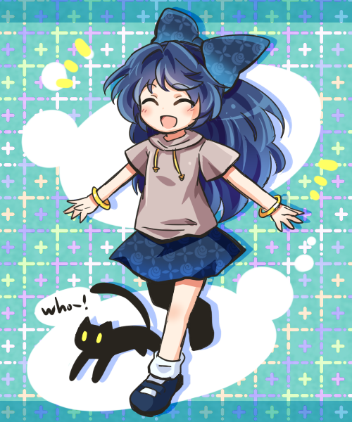 animal bangs black_cat blue_bow blue_footwear blue_hair blue_skirt bow cat closed_eyes drawstring full_body hair_bow hood hoodie long_hair mary_janes miniskirt open_mouth outstretched_arms pote_(ptkan) shoes skirt smile socks solo touhou white_legwear yorigami_shion