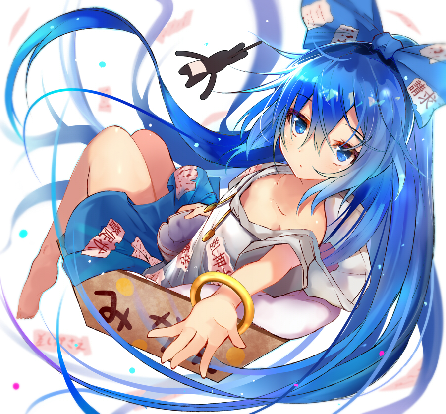 bangle bare_legs bare_shoulders barefoot blue_bow blue_eyes blue_hair blue_skirt bow bowl box bracelet broken commentary_request debt efe eyebrows_visible_through_hair hair_between_eyes hair_bow hood hoodie jewelry long_hair looking_at_viewer mikan_box miniskirt off_shoulder reaching_out revision short_sleeves simple_background sitting skirt solo stuffed_animal stuffed_cat stuffed_toy touhou very_long_hair white_background yorigami_shion