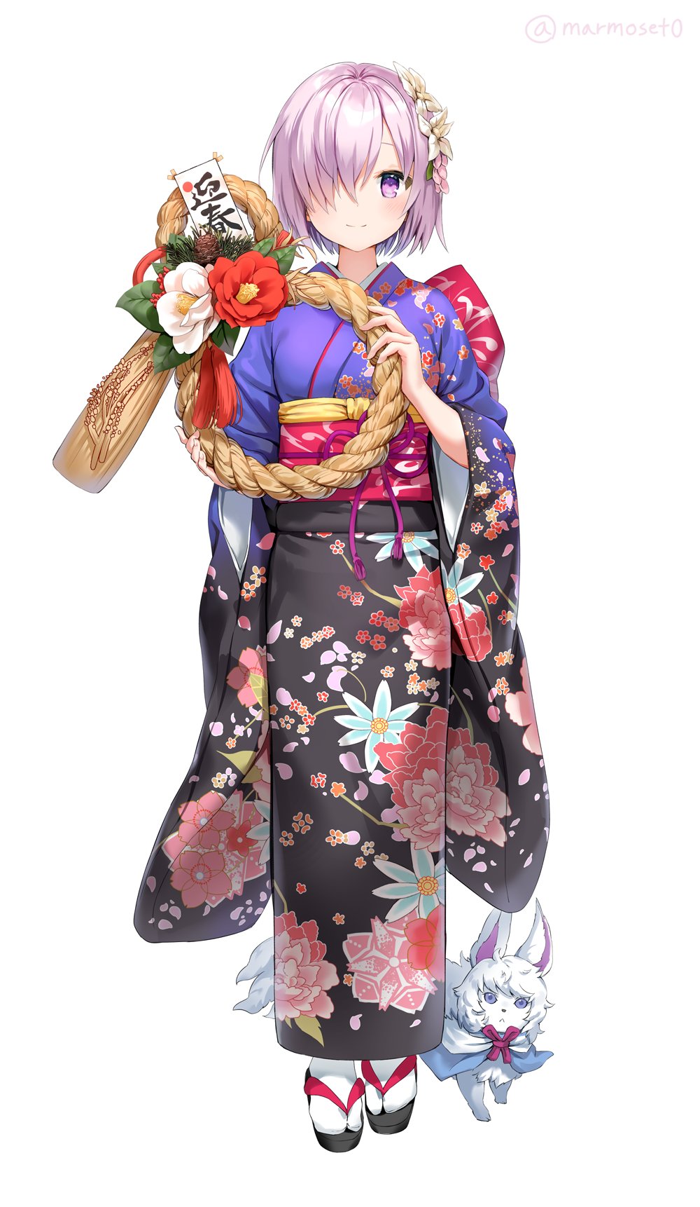 bangs blush creature fate/grand_order fate_(series) floral_print flower fou_(fate/grand_order) full_body furisode hair_flower hair_ornament hair_over_one_eye highres holding japanese_clothes kimono lavender_hair long_sleeves looking_at_viewer marmoset_(marmoset0) mash_kyrielight new_year obi purple_eyes sash shimekazari simple_background smile solo standing tabi twitter_username white_background white_legwear wide_sleeves zouri