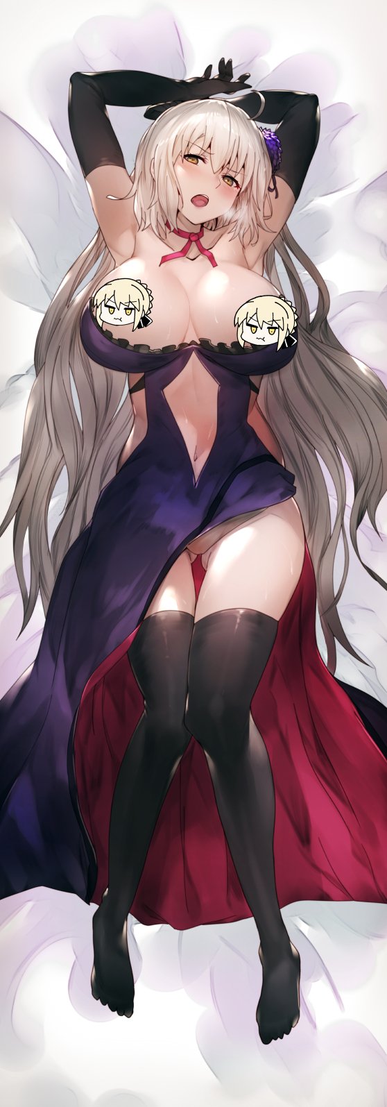 arito_arayuru armpits artoria_pendragon_(all) blush breasts breath censored center_opening character_censor collarbone commentary_request dakimakura elbow_gloves fate/grand_order fate_(series) gloves highres huge_breasts jeanne_d'arc_(alter)_(fate) jeanne_d'arc_(fate)_(all) lying navel novelty_censor on_back open_mouth panties saber_alter silver_hair solo thighhighs underwear yellow_eyes