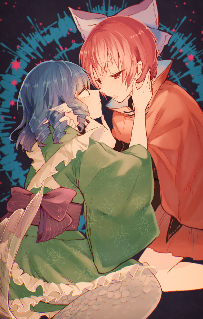 bad_id bad_pixiv_id banned_artist blue_bow blue_eyes blue_hair bow cape commentary_request drill_hair eye_contact frilled_kimono frills green_kimono hair_bow half-closed_eyes hand_on_another's_chin hand_on_another's_face head_fins japanese_clothes kimono looking_at_another mermaid miniskirt monster_girl multiple_girls obi red_eyes red_hair red_skirt sash sekibanki skirt smile touhou towako_(10wk0) wakasagihime yuri