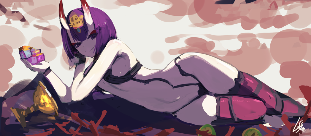 bare_shoulders breasts closed_mouth eyeshadow fate/grand_order fate_(series) goblet headpiece holding horns lansane looking_at_viewer lying makeup on_side oni oni_horns purple_hair revealing_clothes short_hair shuten_douji_(fate/grand_order) signature sketch small_breasts smile solo thighhighs