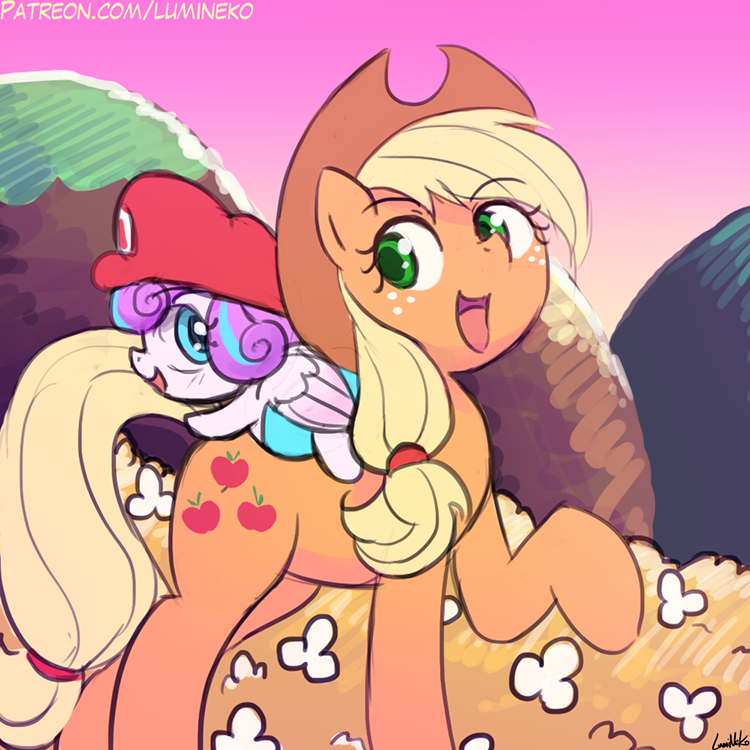 2018 applejack_(mlp) baby blonde_hair blue_eyes cute cutie_mark diaper duo earth_pony equine eye_contact eyebrows eyelashes feathered_wings feathers female flower flurry_heart_(mlp) freckles friendship_is_magic full-length_portrait green_eyes hair hat horse looking_back lumineko mammal mario_bros mountain multicolored_hair my_little_pony nintendo nude on_top open_mouth open_smile pink_sky plant pony portrait riding signature smile standing tongue two_tone_hair video_games watermark wings yoshi's_island young