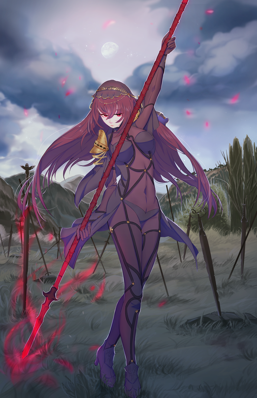 armor bodysuit breasts commentary_request covered_navel darkgreyclouds fate/grand_order fate_(series) gae_bolg highres holding holding_weapon large_breasts long_hair looking_at_viewer pauldrons polearm purple_bodysuit purple_hair red_eyes scathach_(fate)_(all) scathach_(fate/grand_order) shoulder_armor solo spear veil weapon