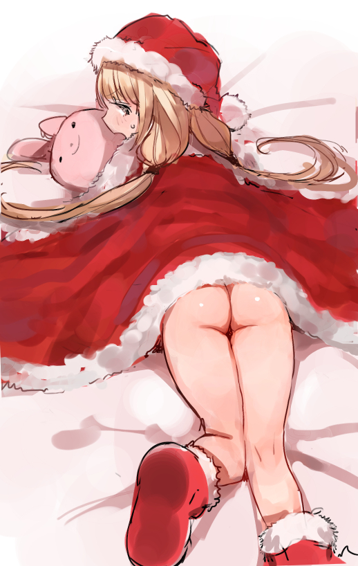 ass bed_sheet blonde_hair blush bottomless c.cu christmas cloak commentary fur-trimmed_boots fur-trimmed_cloak fur-trimmed_hat fur_trim futaba_anzu hat idolmaster idolmaster_cinderella_girls long_hair looking_at_viewer looking_back low_twintails lying on_stomach open_mouth profile red_cloak red_footwear red_hat santa_hat solo stuffed_animal stuffed_bunny stuffed_toy sweat twintails very_long_hair yellow_eyes