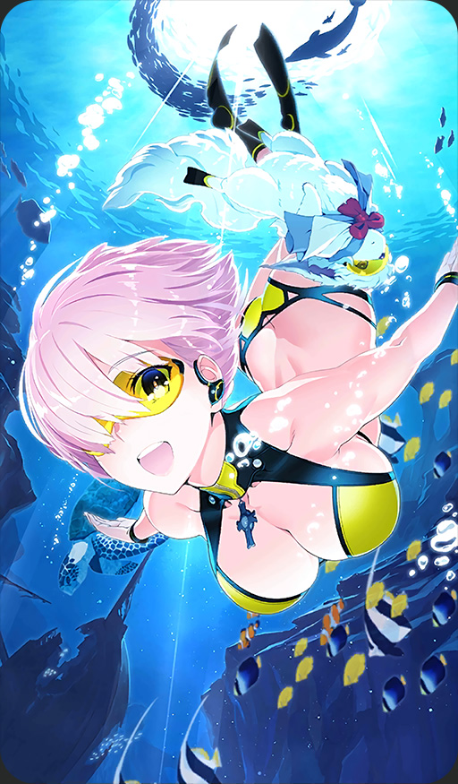 ass ass_cutout bikini black_footwear black_wristband blue_capelet breasts bubble butt_crack capelet cleavage cleavage_cutout commentary craft_essence cravat creature cross cross_necklace dive_to_blue diving dolphin fate/grand_order fate_(series) fish fou_(fate/grand_order) halter_top halterneck jewelry large_breasts lavender_hair mash_kyrielight necklace official_art open_mouth red_neckwear shaka_p ship smile striped_wristband swimming swimsuit underwater watercraft wristband yellow-framed_eyewear yellow_bikini zipper