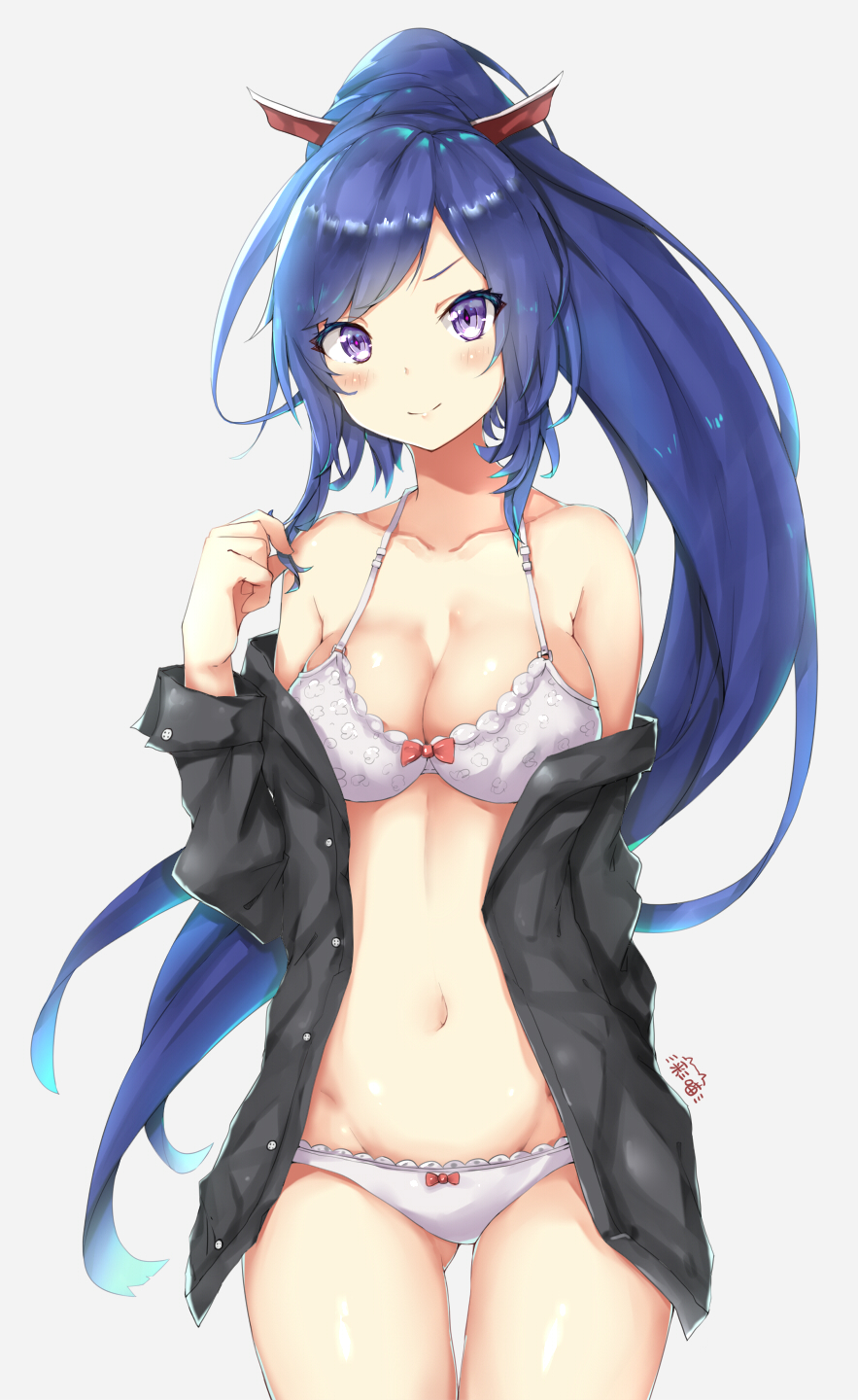 ass_visible_through_thighs bangs bare_shoulders black_shirt blue_hair blush bow bow_bra bow_panties bra breasts cleavage closed_mouth collarbone commentary_request cowboy_shot grey_background groin hair_ornament head_tilt high_ponytail highres large_breasts long_hair long_sleeves looking_at_viewer navel off_shoulder open_clothes open_shirt panties ponytail purple_eyes shinano_(zhan_jian_shao_nyu) shirt signature simple_background smile solo thigh_gap underwear very_long_hair white_bra white_panties zhan_jian_shao_nyu zhudacaimiao