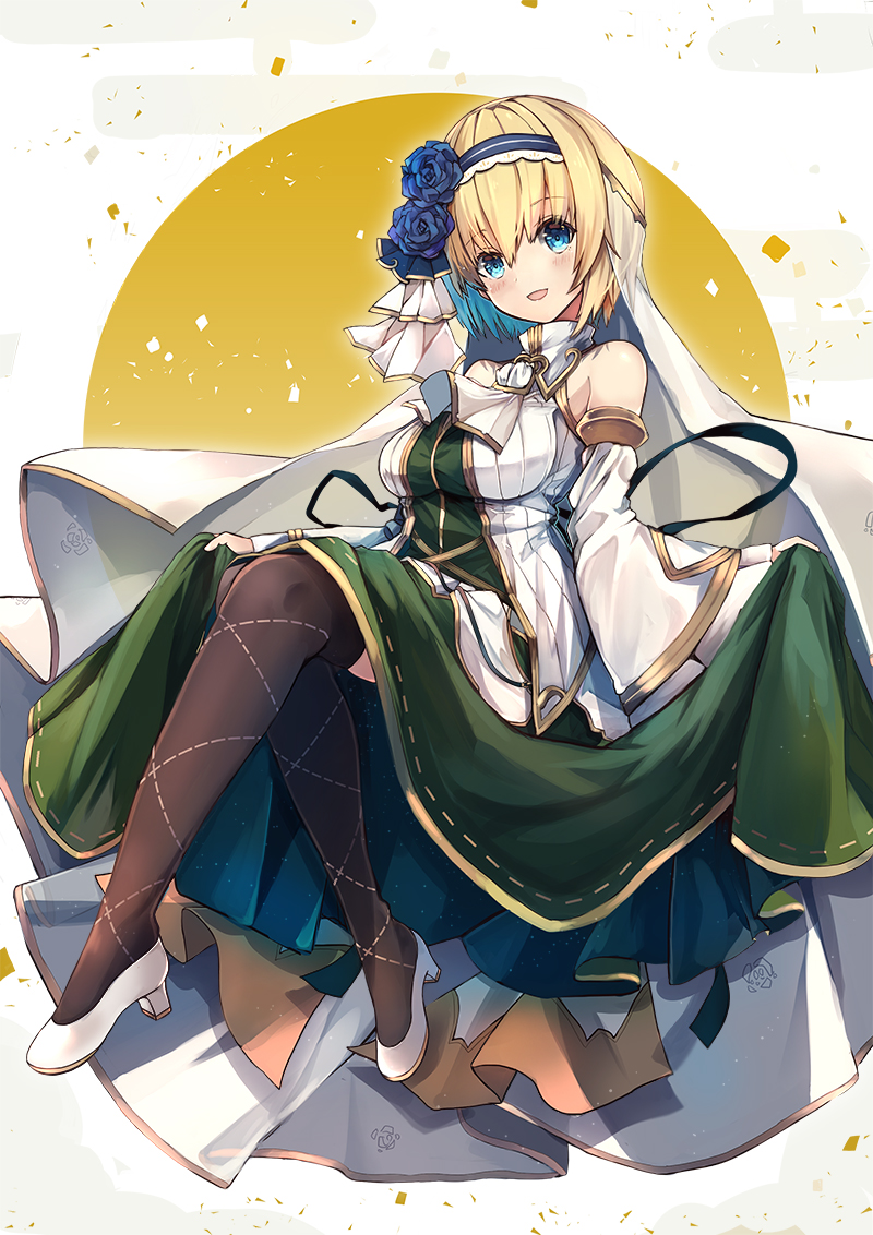 blonde_hair blue_eyes blue_hair brown_legwear commentary_request dress full_body grimms_notes high_heels jeanne_d'arc_(grimms_notes) looking_at_viewer multicolored_hair riia short_hair solo thighhighs two-tone_hair