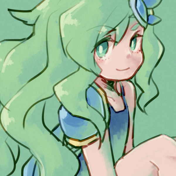 big_hair cape commentary_request eyebrows_visible_through_hair final_fantasy final_fantasy_iv green_eyes green_hair hair_ornament leotard long_hair looking_at_viewer rydia single_bare_shoulder single_pauldron smile solo sunagimo_(nagimo) very_long_hair younger