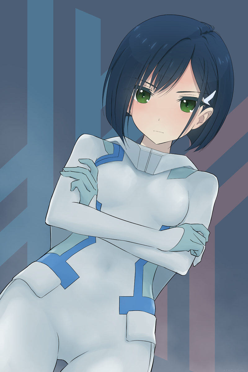 akagi_(fmttps) blue_hair bodysuit breasts covered_navel crossed_arms darling_in_the_franxx dutch_angle expressionless green_eyes hair_ornament hairclip highres ichigo_(darling_in_the_franxx) looking_at_viewer medium_breasts pilot_suit short_hair skin_tight solo standing white_bodysuit