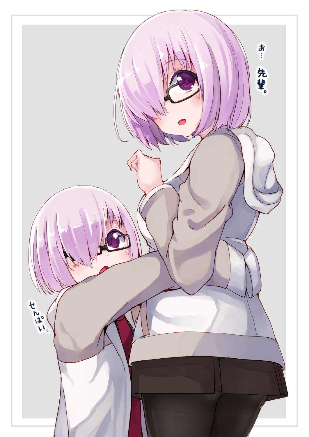 :d :o black-framed_eyewear black_legwear black_skirt blush commentary_request fate/grand_order fate_(series) glasses grey_background hair_over_one_eye head_tilt highres hood hood_down hoodie hug long_sleeves looking_at_viewer looking_to_the_side mash_kyrielight multiple_girls necktie okota_mikan open_mouth pantyhose pink_hair pleated_skirt purple_eyes red_neckwear skirt sleeves_past_fingers sleeves_past_wrists smile time_paradox translation_request two-tone_background white_background white_hoodie younger