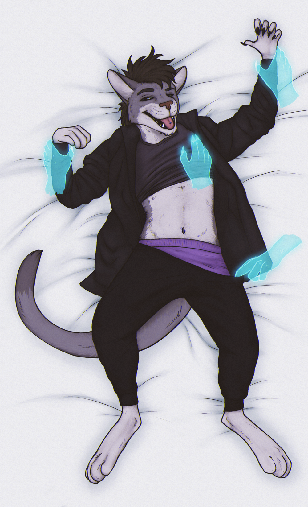 anthro belly cat clothed clothing digital_drawing_(artwork) digital_media_(artwork) disembodied_hand feline fur ghost_hands gumowedildo hair looking_at_viewer lying male mammal open_mouth piercing simple_background smile soft solo solo_focus suggestive tongue tongue_out tum underwear