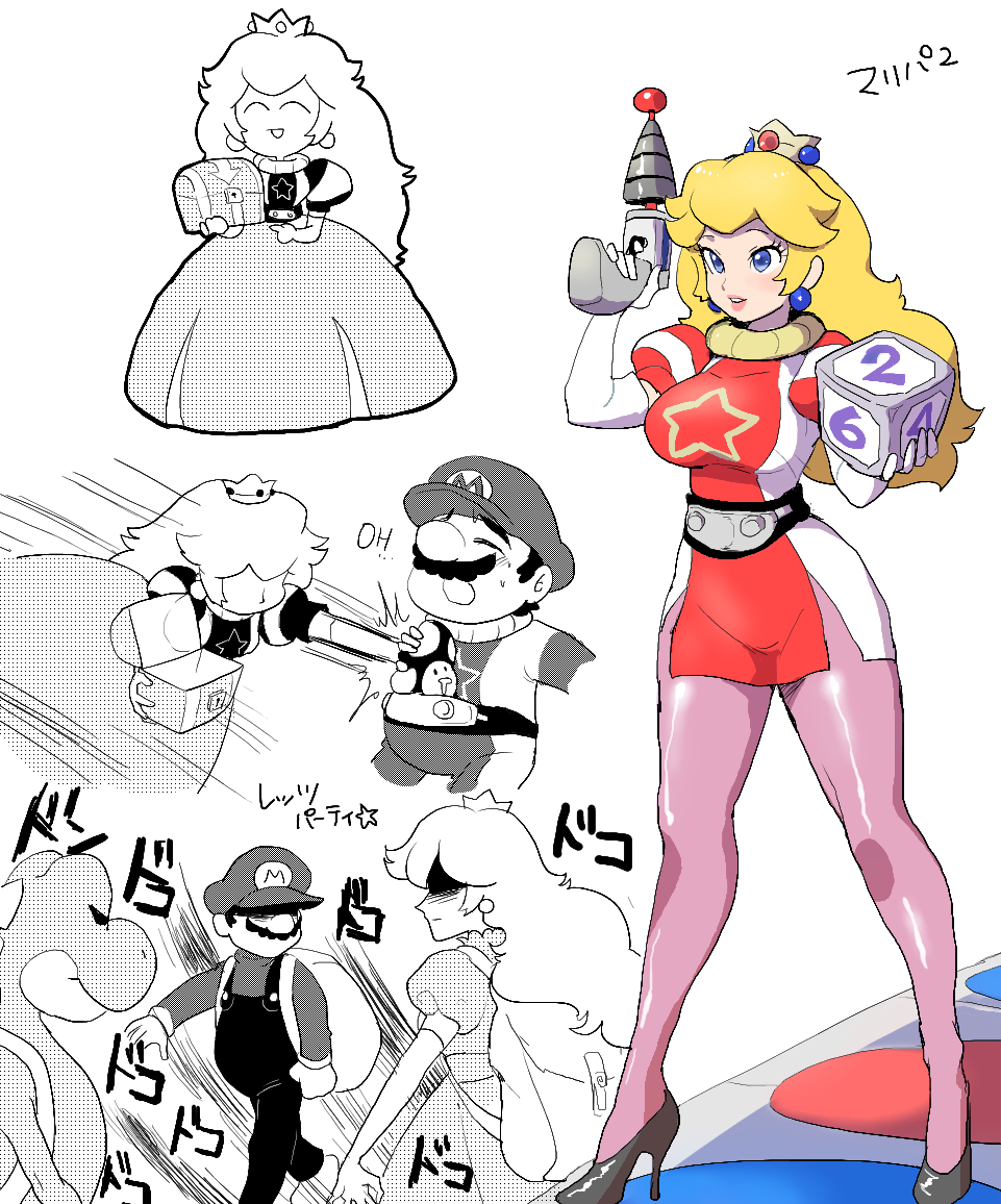 1boy 1girl ^_^ alternate_costume backpack block blonde_hair blue_eyes blush breasts crown cube dress drooling earrings elbow_gloves energy_gun eyes_closed facial_hair finger_on_trigger gloves hat high_heels holding jewelry large_breasts legs long_hair long_sleeves mario mario_(series) mario_party mario_party_2 mini_crown motion_lines multiple_views mushroom mustache nm_qi no_eyes number overalls pantyhose parted_lips partially_colored pink_legwear pink_lips pointing princess_peach puffy_short_sleeves puffy_sleeves ray_gun short_sleeves side_slit simple_background smile standing star star_print super_mario_bros. translation_request treasure_chest weapon white_background white_gloves yoshi