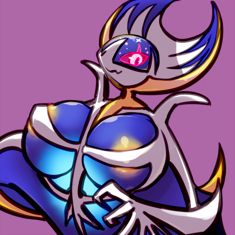 1girl areolae breasts female furry hand_up large_breasts looking_to_the_side lunala mizuki_kotora no_humans pink_sclera pokemon pokemon_(creature) pokemon_sm purple_background simple_background sketch smile solo upper_body white_eyes wings