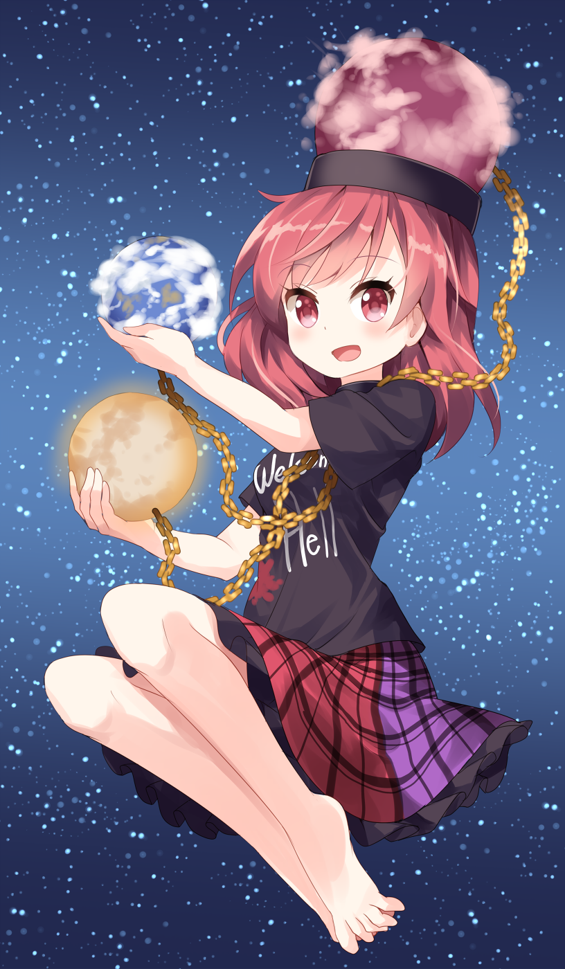 bare_arms bare_legs barefoot black_shirt blue_background chain clothes_writing earth_(ornament) eyebrows_visible_through_hair gold_chain gradient gradient_background hand_up hecatia_lapislazuli highres holding long_hair miniskirt moon_(ornament) multicolored multicolored_clothes multicolored_skirt open_mouth polos_crown red_eyes red_hair ruu_(tksymkw) shirt skirt snow solo t-shirt touhou