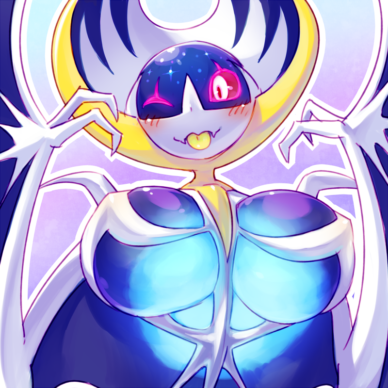 1girl blush breasts claws female furry glowing_eyes gradient gradient_background hands_up happy large_breasts looking_at_viewer lunala mizuki_kotora no_humans one_eye_closed open_mouth outline pink_sclera pokemon pokemon_(creature) pokemon_sm simple_background smile solo tongue tongue_out upper_body white_eyes wings wink