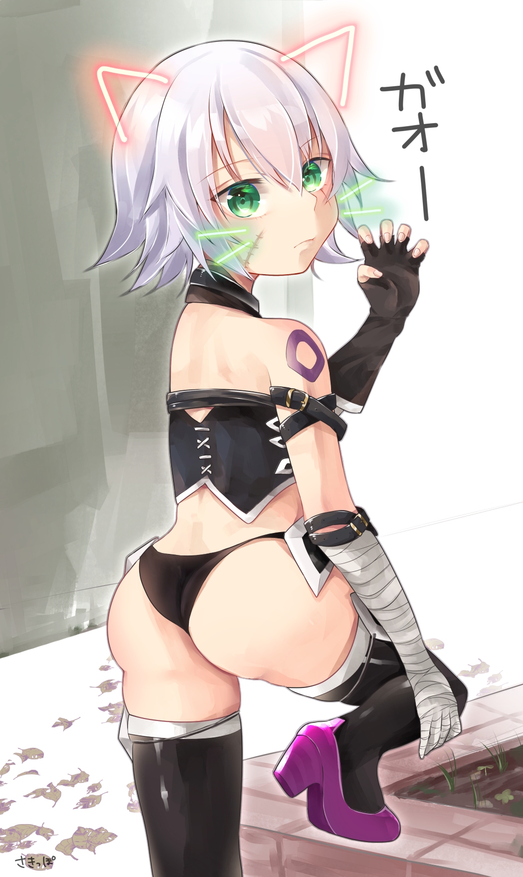 1girl animal_ears arm_belt ass bandaged_arm bare_shoulders belt belt_buckle black_gloves black_legwear black_panties boots cat_ears claw_pose closed_mouth fate/apocrypha fate_(series) female fingerless_gloves hair_between_eyes jack_the_ripper_(fate/apocrypha) looking_at_viewer looking_back panties plant sakippo_(sakippo0) scar scar_across_eye scar_on_cheek silver_hair single_glove solo tattoo text thigh_boots thighhighs underwear whiskers