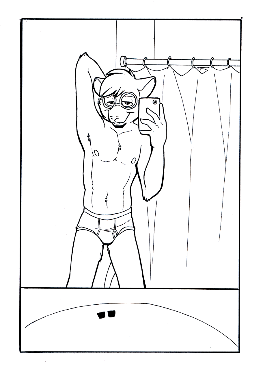 bathroom biscuits briefs cellphone cirruskitfox clothing curtains eyewear glasses male mammal monochrome mouse phone rodent selfie solo underwear