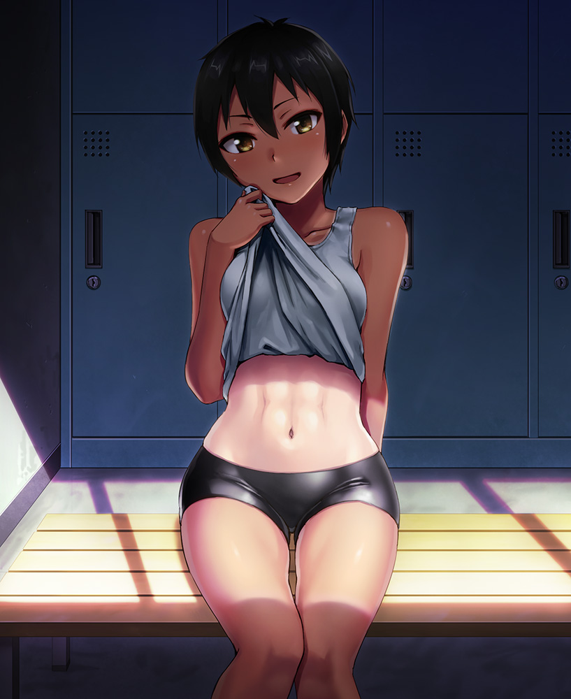 :d abs arm_behind_back bangs bare_arms bare_shoulders bench bike_shorts black_hair black_shorts blush collarbone day feet_out_of_frame hashi head_tilt indoors lifted_by_self locker locker_room looking_at_viewer navel open_mouth original short_hair shorts sitting sleeveless smile stomach sunlight tan tank_top tank_top_lift tanline thigh_gap tomboy toned yellow_eyes