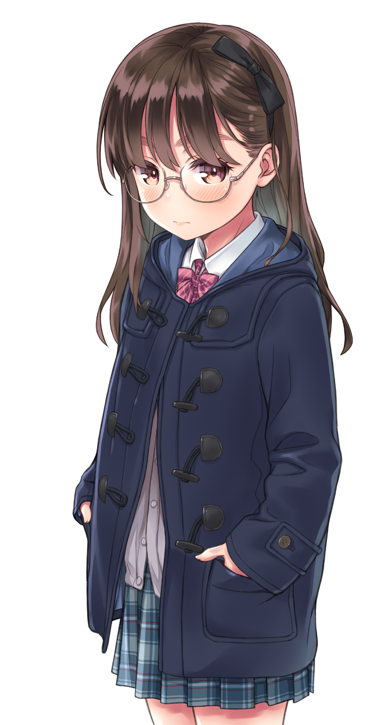 aoi_kumiko bangs black_ribbon blue_coat blush bow bowtie closed_mouth coat cowboy_shot duffel_coat expressionless glasses green_skirt hair_ribbon hands_in_pockets highres lips long_hair long_sleeves looking_at_viewer miniskirt open_clothes open_coat original pink_bow pink_neckwear plaid plaid_skirt pleated_skirt ribbon school_uniform semi-rimless_eyewear shirt silver-framed_eyewear simple_background skirt solo standing straight_hair tareme thick_eyebrows under-rim_eyewear white_background