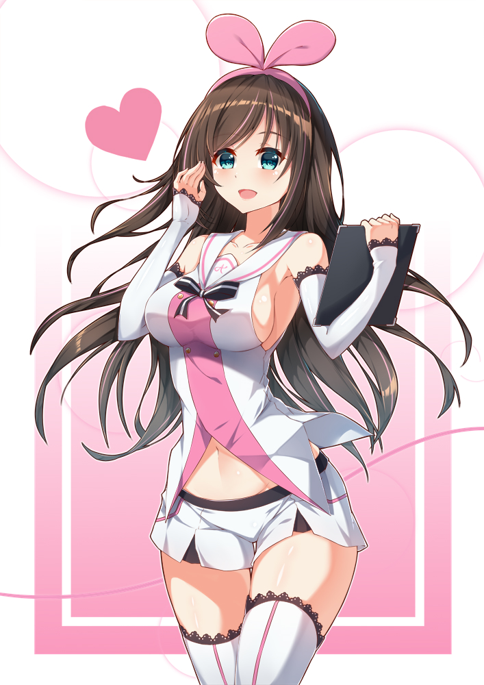 :d a.i._channel alternate_breast_size bangs bare_shoulders blush breasts brown_hair clipboard collarbone cowboy_shot detached_sleeves eyebrows_visible_through_hair hair_ribbon hairband hand_up heart kizuna_ai lace lace-trimmed_sleeves lace-trimmed_thighhighs long_hair long_sleeves looking_at_viewer medium_breasts multicolored_hair navel open_mouth pink_background pink_hair pink_hairband pink_ribbon ribbon school_uniform serafuku shiny shiny_skin shirt short_shorts shorts sideboob single_vertical_stripe smile solo standing thigh_gap thighhighs two-tone_hair very_long_hair virtual_youtuber white_legwear white_shirt white_shorts yuxian_youka