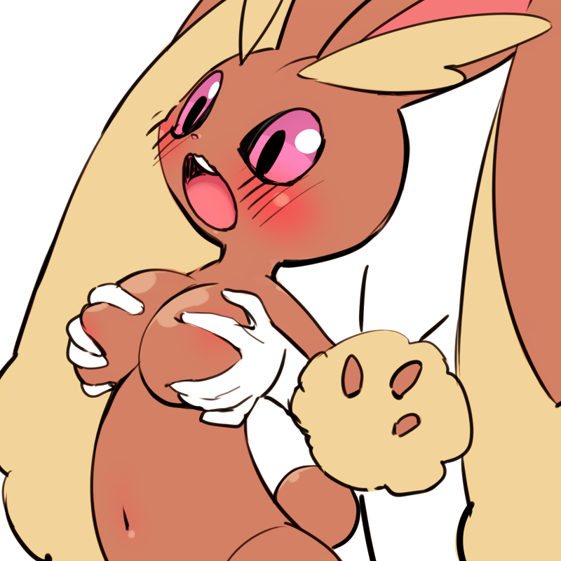 1girl animal_ears areolae arm_up blush breast_grab breasts bunny_ears bunny_tail disembodied_limb female furry large_breasts looking_down lopunny mizuki_kotora navel no_humans open_mouth pokemon pokemon_(creature) pokemon_dppt simple_background solo standing surprised tail teeth white_background