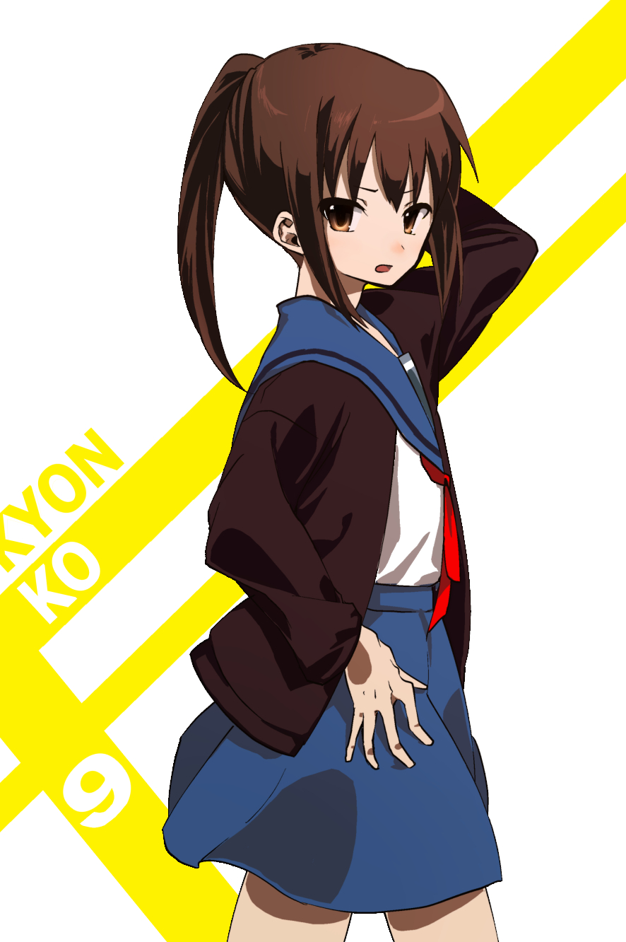 brown_eyes brown_hair cardigan genderswap genderswap_(mtf) highres kita_high_school_uniform kyonko long_hair looking_at_viewer nanjou_hokke open_mouth ponytail school_uniform serafuku solo suzumiya_haruhi_no_yuuutsu