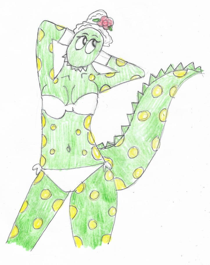 2018 anthro bra breasts clothing coy dinosaur dorothy_the_dinosaur female flirting flower panties plant scalie simple_background solo the_wiggles traditional_media_(artwork) underwear
