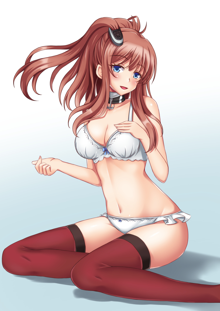 ascot black_neckwear blue_eyes bra brown_hair commentary_request full_body gradient gradient_background hair_between_eyes kantai_collection looking_at_viewer panties ponytail red_legwear saratoga_(kantai_collection) shadow side_ponytail sidelocks sitting solo thighhighs underwear white_background white_bra white_panties yamato_(083) yokozuwari