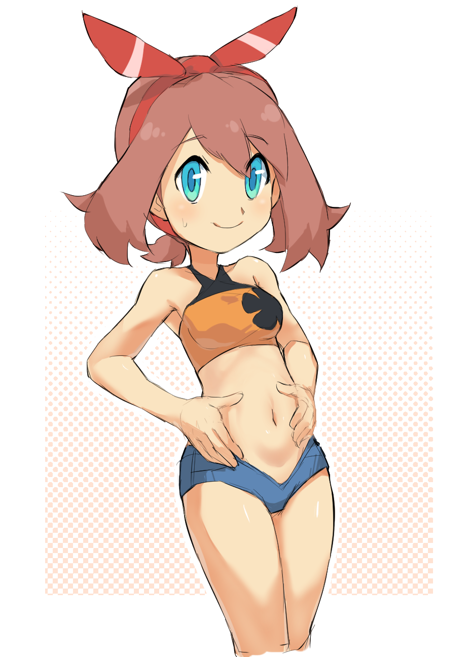 bad_id bad_pixiv_id blue_eyes brown_hair checkered checkered_background cropped_legs hairband haruka_(pokemon) highres looking_at_viewer midriff navel nyonn24 pokemon pokemon_(game) pokemon_oras short_shorts shorts solo stomach tank_top