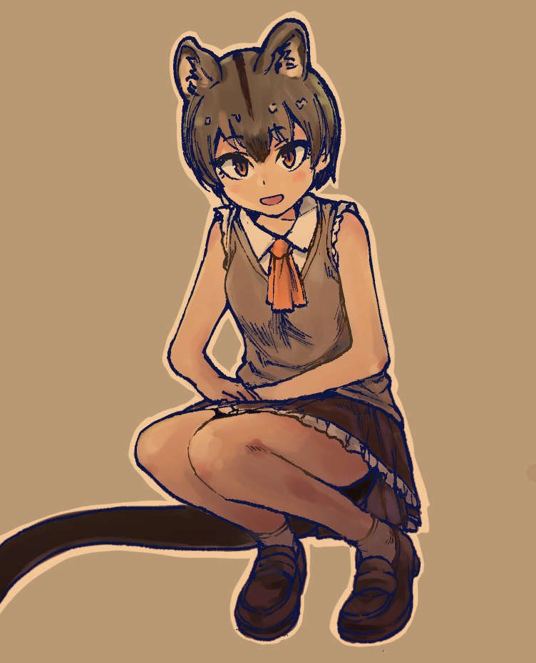 bare_legs bare_shoulders eyebrows_visible_through_hair fossa_(kemono_friends) fossa_ears fossa_tail hands_on_lap kemono_friends loafers neckerchief ouka_(yama) shoes skirt solo squatting vest