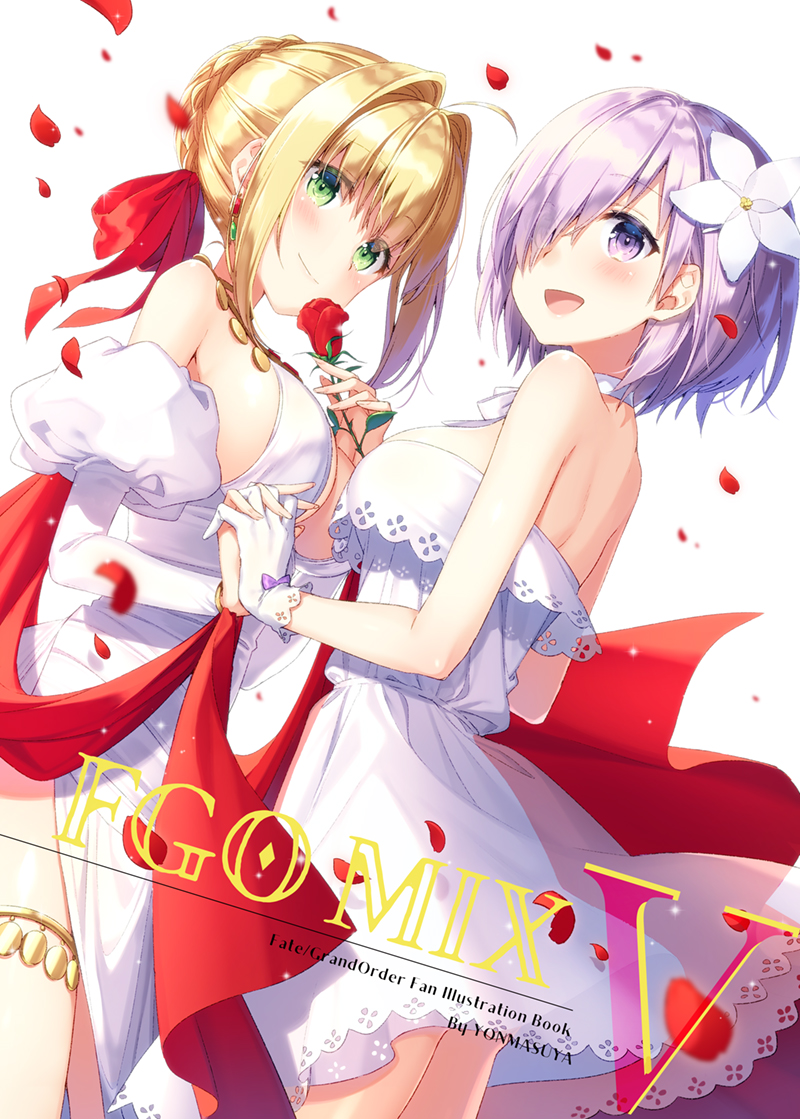 :d ahoge backless_dress backless_outfit bangs bare_shoulders blonde_hair blurry blush bow braid commentary_request cover cover_page depth_of_field doujin_cover dress dutch_angle fate/grand_order fate_(series) flower french_braid green_eyes hair_bow hair_flower hair_ornament hair_over_one_eye hair_ribbon hands_together holding_hands interlocked_fingers mash_kyrielight masuishi_kinoto multiple_girls nero_claudius_(fate) nero_claudius_(fate)_(all) open_mouth petals purple_eyes purple_hair red_bow red_ribbon ribbon rose_petals sidelocks smile thighlet white_background white_dress white_flower