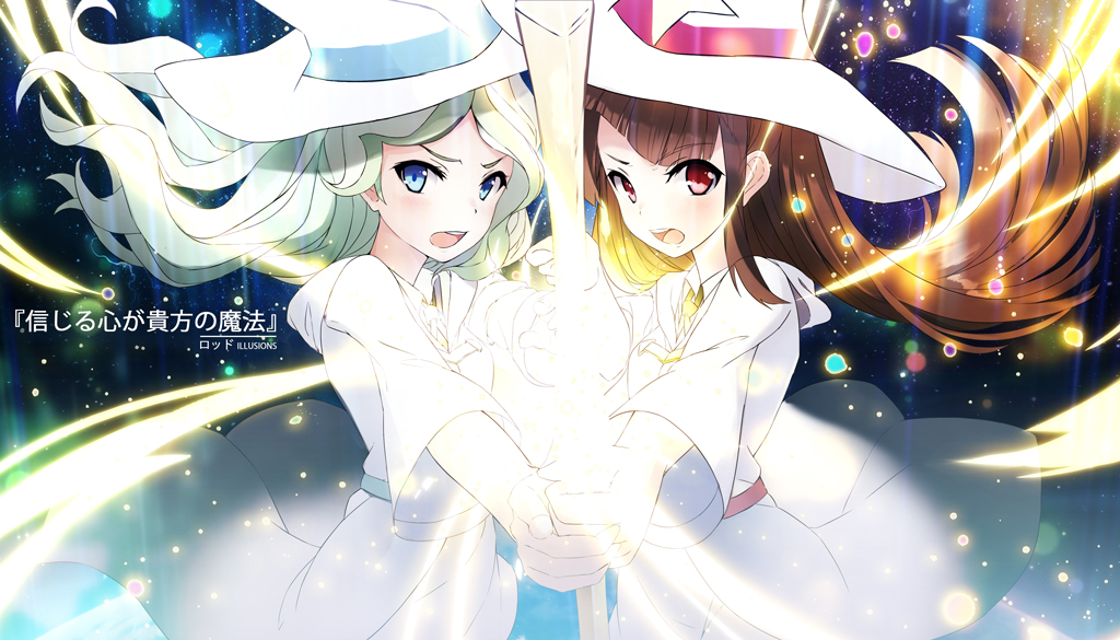 alternate_color artist_name blonde_hair blue_eyes blush brown_hair cowboy_shot diana_cavendish dress eyebrows_visible_through_hair foreshortening from_side glowing glowing_weapon hat holding holding_weapon kagari_atsuko light light_green_hair light_particles little_witch_academia long_hair long_sleeves looking_at_viewer looking_to_the_side magic multicolored_hair multiple_girls outstretched_arm red_eyes rods round_teeth shiny shiny_hair standing straight_hair teeth translated two-tone_hair v-shaped_eyebrows very_long_hair weapon white_dress white_hat witch_hat