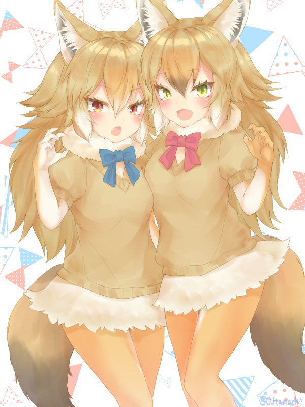 african_golden_wolf_(kemono_friends) animal_ears artist_name blush bow bowtie claw_pose fang fur_trim gloves golden_jackal_(kemono_friends) green_eyes jackal_ears jackal_tail kemono_friends long_hair multicolored_hair multiple_girls o_hamachi open_mouth orange_hair red_eyes short_sleeve_sweater simple_background sweater tail two-tone_hair white_background white_hair wolf_ears wolf_tail