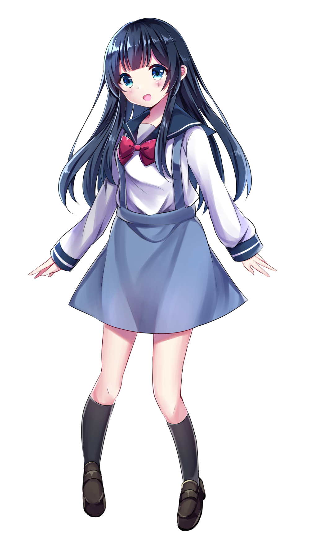 :d bangs black_hair black_legwear blue_eyes blue_skirt blush bow bowtie brown_footwear commentary_request eyebrows_visible_through_hair full_body head_tilt highres kneehighs loafers long_hair long_sleeves looking_at_viewer minami_saki open_mouth original red_neckwear school_uniform serafuku shirt shoes simple_background skirt sleeves_past_wrists smile solo standing suspender_skirt suspenders white_background white_shirt