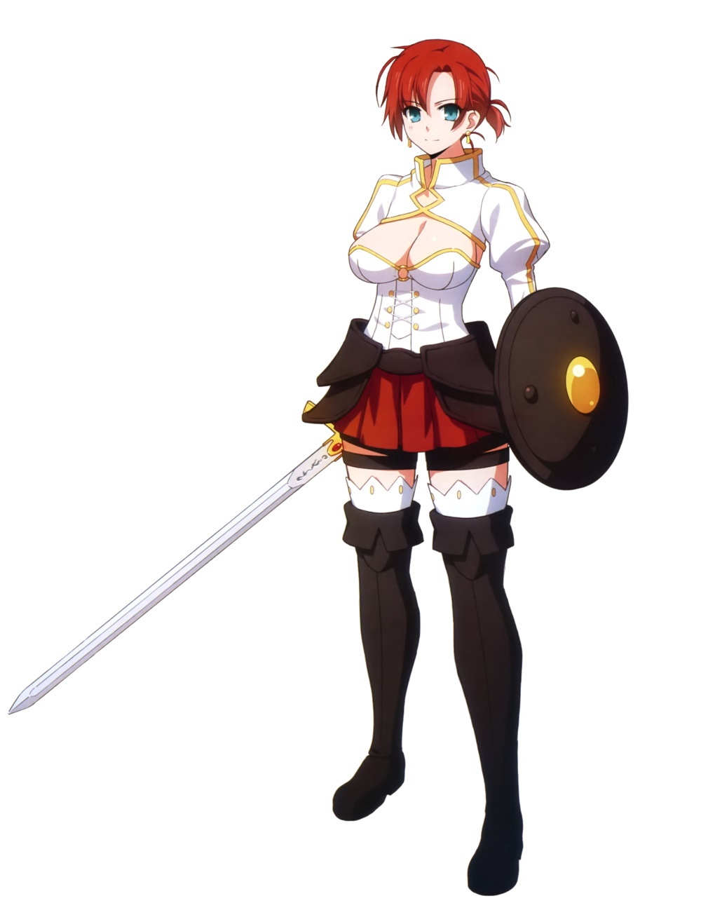 1girl aki blue_eyes boots boudica_(fate/grand_order) breasts cleavage fate/grand_order fate_(series) full_body highres juliet_sleeves long_sleeves medium_breasts navel o-ring_bikini o-ring_bottom o-ring_top official_art open_mouth ponytail puffy_sleeves red_hair shield short_hair skindentation skirt smile solo sword thigh_boots thigh_strap thighhighs weapon