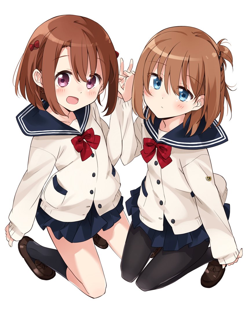 :d bangs black_legwear blue_eyes blue_skirt blush brown_footwear brown_hair cardigan closed_mouth commentary_request copyright_request eyebrows_visible_through_hair fingernails hair_between_eyes holding_hands interlocked_fingers kneehighs kneeling loafers long_sleeves looking_at_viewer mousou_(mousou_temporary) multiple_girls one_side_up open_mouth pantyhose pleated_skirt purple_eyes school_uniform serafuku shoes short_hair simple_background skirt sleeves_past_wrists smile white_background