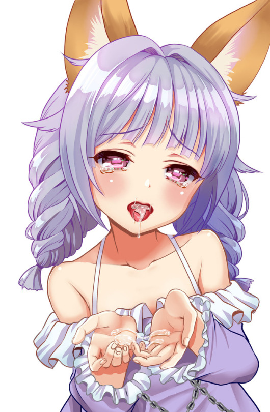 1girl after_fellatio animal_ears arms_up bare_shoulders braid chains collarbone cum cum_in_mouth cum_on_body cum_on_upper_body cumdrip cupping_hands dog_ears downscaled dress elin_(tera) kumehara_chiyota long_hair md5_mismatch o-ring open_mouth outstretched_hand purple_dress purple_eyes purple_hair resized simple_background solo tears tera_online twin_braids twintails upper_body white_background