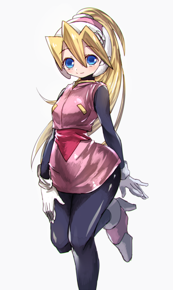 1girl bangs blonde_hair blue_eyes blush bodystocking bodysuit breasts ciel_(rockman) eyebrows_visible_through_hair gloves hair_between_eyes hand_on_thigh headgear heels high_heels high_ponytail legwear long_hair medium_breasts miniskirt one_leg_raised ponytail rockman rockman_zero sakuraba_(kirsche_x) shoe simple_background skirt smile solo solo_focus white_background white_gloves wide_hips