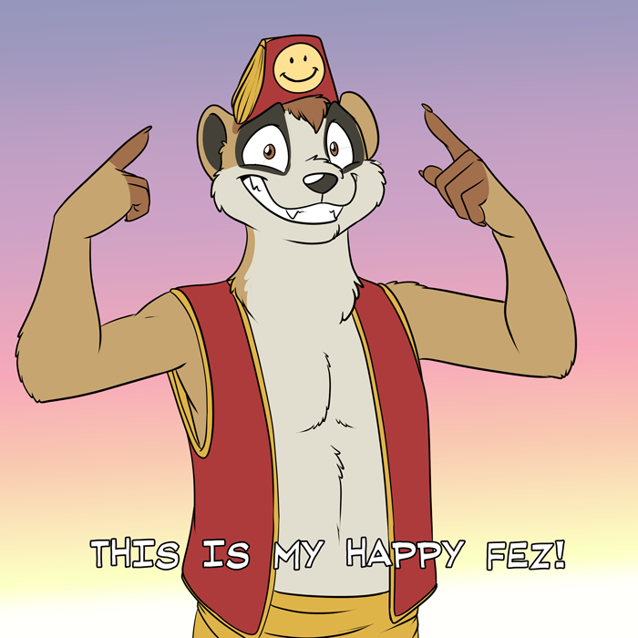 2018 anthro black_nose brown_eyes clothed clothing english_text fangs ferret fez foxenawolf gradient_background male mammal mustelid open_vest simple_background smile solo text