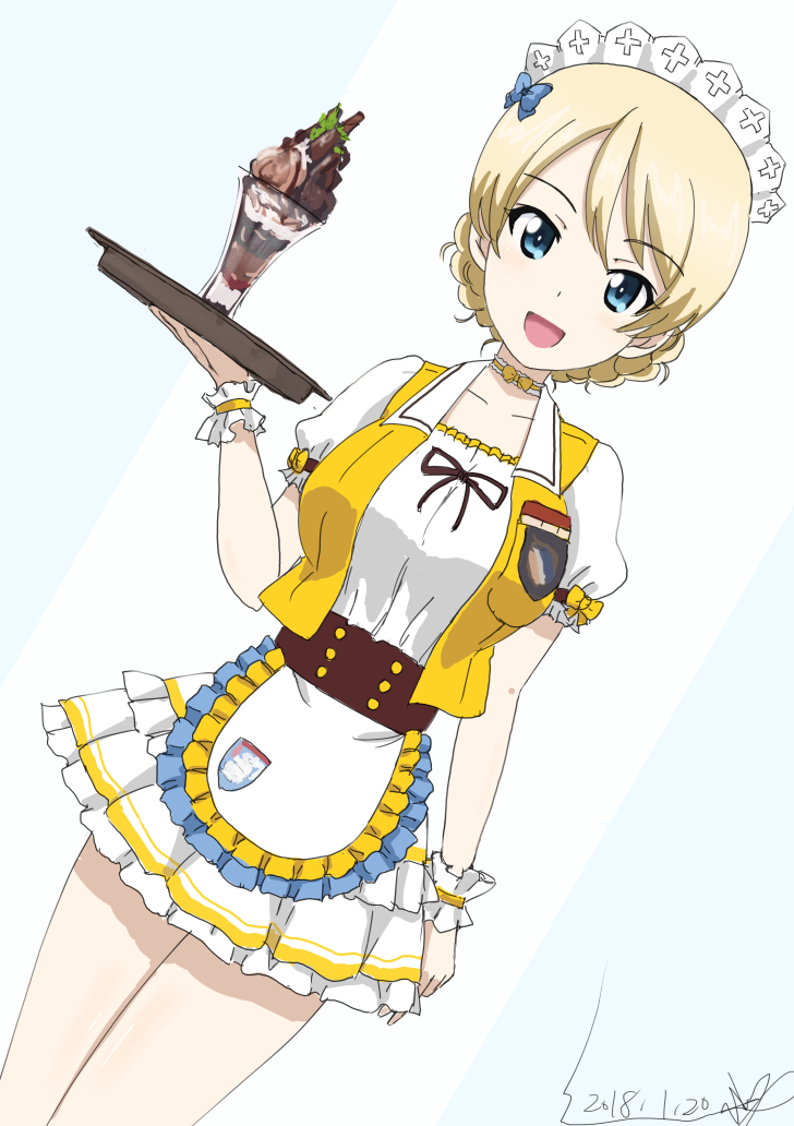 :d alternate_costume apron artist_name bangs blonde_hair blue_bow blue_eyes bow braid bukkuri choker coco's cowboy_shot darjeeling dated dutch_angle emblem eyebrows_visible_through_hair food frilled_apron frilled_shirt frilled_skirt frills girls_und_panzer glass hair_bow holding holding_tray ice_cream jacket layered_skirt looking_at_viewer maid_headdress miniskirt open_mouth parfait pleated_skirt puffy_short_sleeves puffy_sleeves ribbon_choker shirt short_hair short_sleeves signature skirt smile solo st._gloriana's_(emblem) standing sundae thighs tied_hair tray twin_braids wafer_stick waist_apron waitress white_shirt white_skirt wristband yellow_choker yellow_jacket