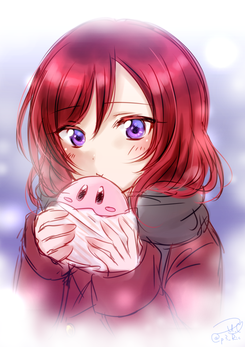 :t bangs black_scarf blurry blurry_background blush blush_stickers closed_mouth coat eating eyebrows_visible_through_hair food holding holding_food kirby kirby_(series) long_sleeves looking_at_viewer love_live! love_live!_school_idol_project nishikino_maki purple_background purple_eyes red_coat red_hair ric_(fwpbox) scarf shiny shiny_hair short_hair signature sketch solo swept_bangs upper_body wrapper